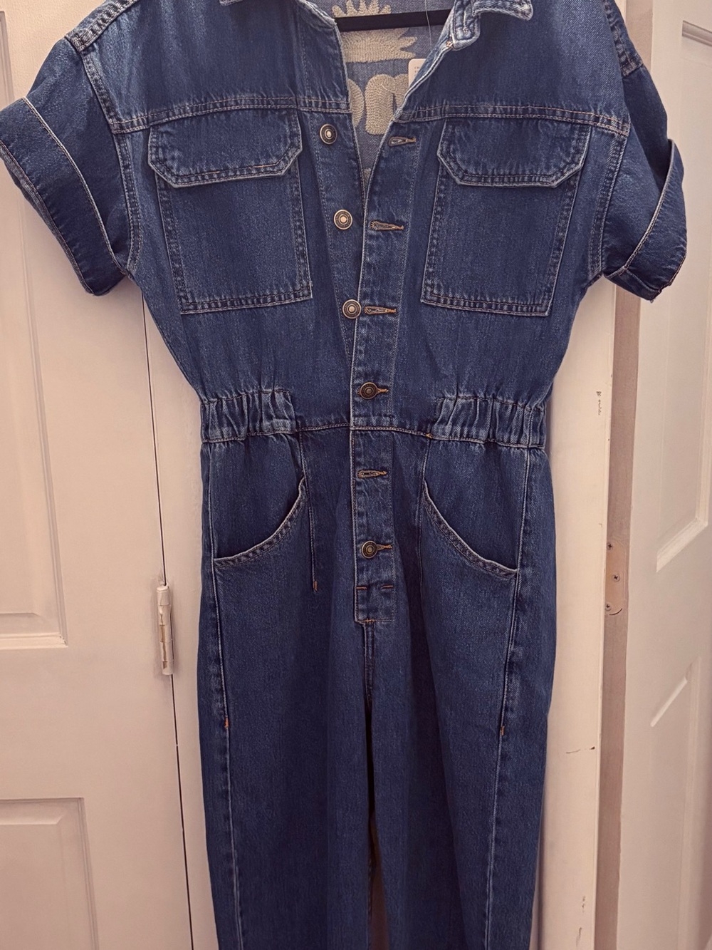 Free People Blue Denim Button-Front Jumpsuit